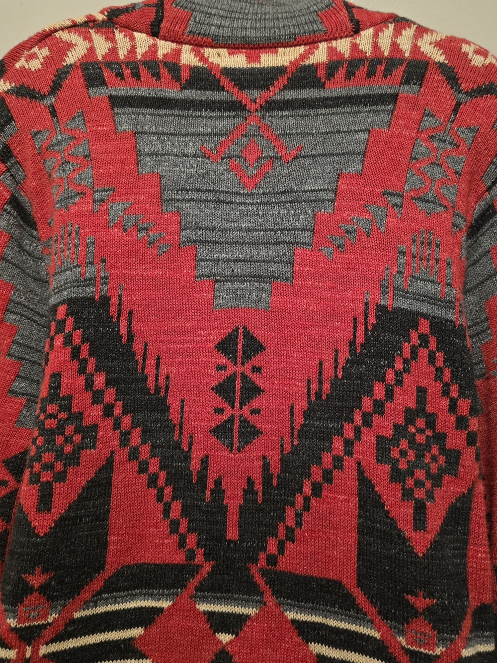 Lauren Ralph Lauren Red and Gray Aztec Shawl-Collar Button Cardigan - Picture 3 of 7